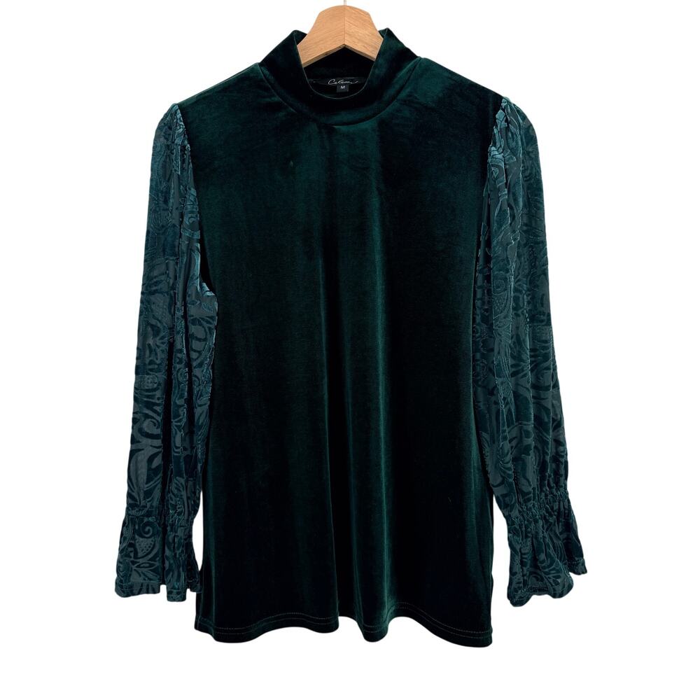 Calessa Velvet Mock Neck Shirt Size Medium Burnout Sheer Sleeves Emerald Green